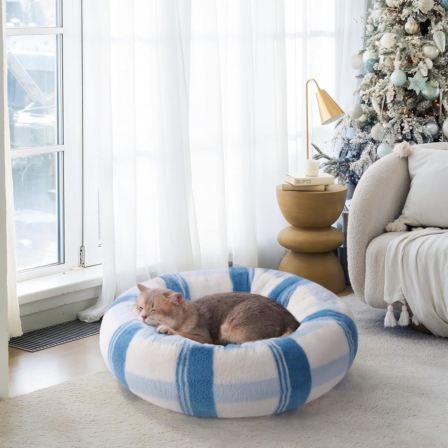 MEWOOFUN Plush Round Cat Bed For Indoor Cats - Calming Washable Pet Bed With Non-Slip Bottom, Soft Fluffy Dog Bed For Puppy & Kitten, 23 Inch Blue Striped